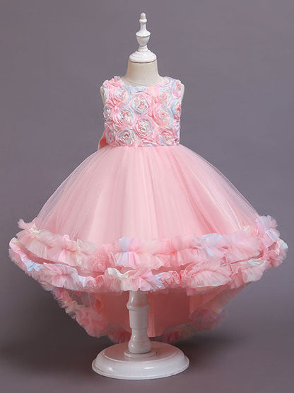 Pink Jewel Neck Tulle Sleeveless With Train A-Line Bows Formal Kids Pageant flower girl dresses-showprettydress