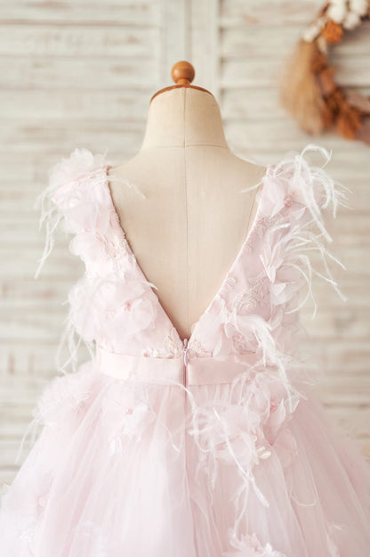 Pink Lace Tulle V Back Wedding Flower Girl Dress with 