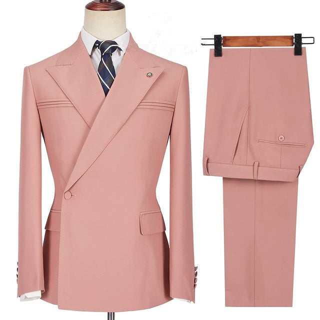 Pink Peaked Lapel Ruffles Designer Slim Fit Men's Prom Suits-showprettydress