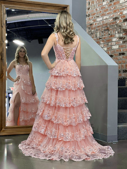 Roycebridal Pink Princess A Line Off the Shoulder Corset Prom Dress with Lace Ruffles