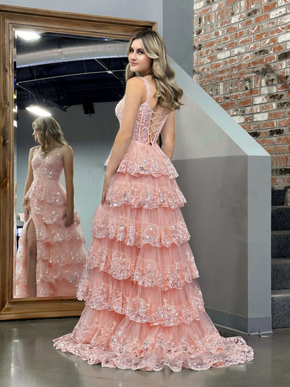 Roycebridal Pink Princess A Line Off the Shoulder Corset Prom Dress with Lace Ruffles