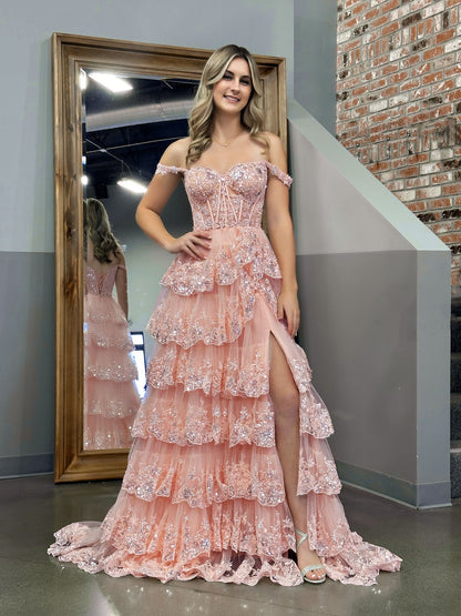 Roycebridal Pink Princess A Line Off the Shoulder Corset Prom Dress with Lace Ruffles