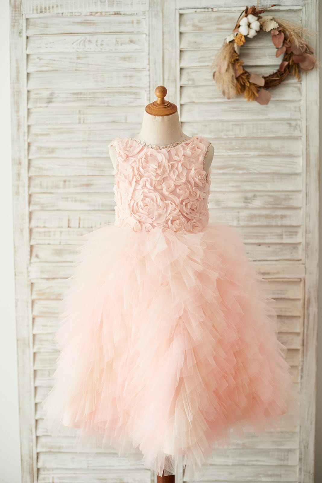 Pink Rosette Tulle V Back Wedding Flower Girl Dress