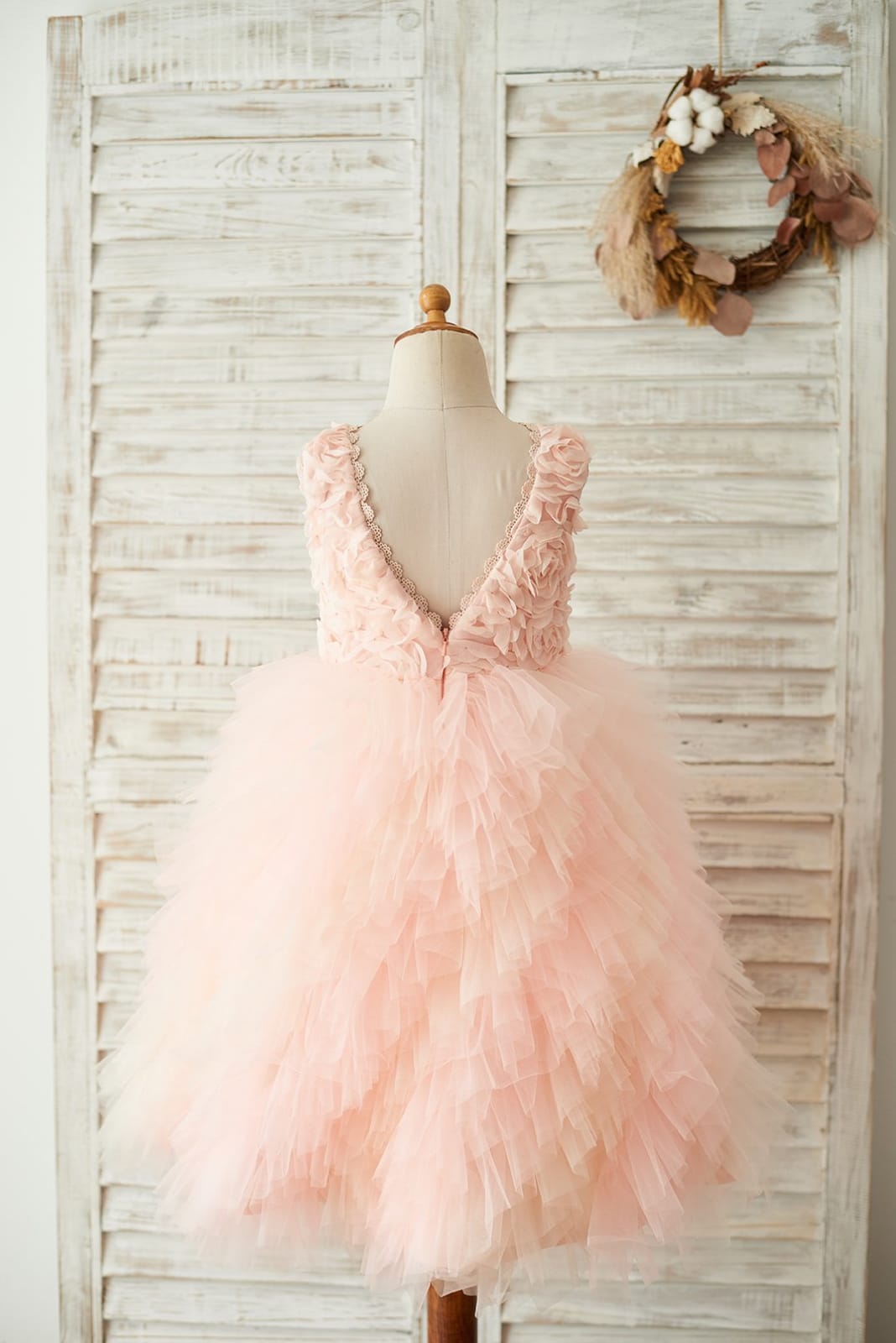 Pink Rosette Tulle V Back Wedding Flower Girl Dress