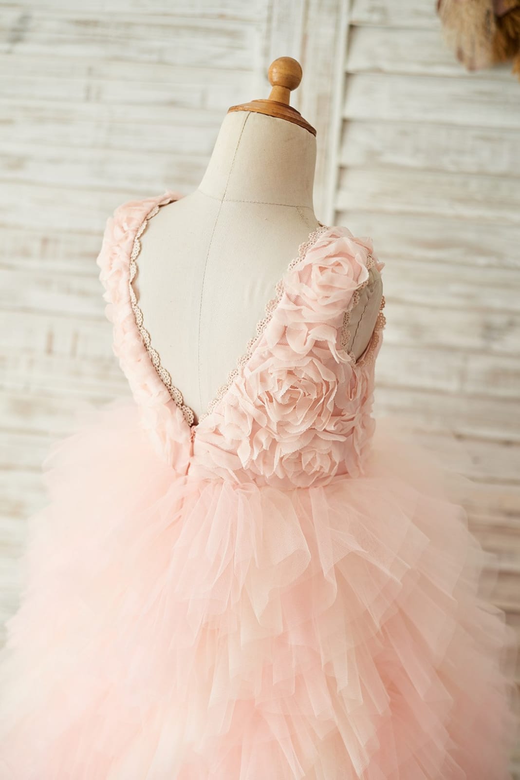 Pink Rosette Tulle V Back Wedding Flower Girl Dress