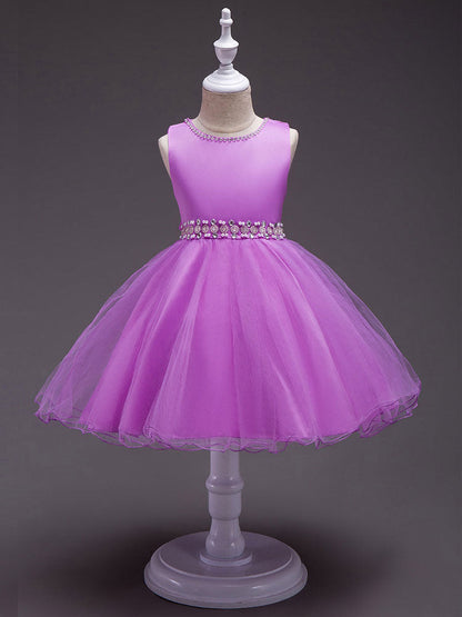 Pink Round Neck Sleeveless Tutu Dress Tulle Rhinestones Studded Girls Dinner Party Dresses-showprettydress