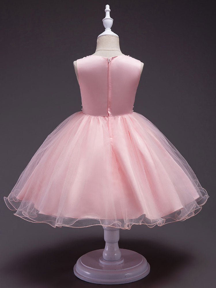 Pink Round Neck Sleeveless Tutu Dress Tulle Rhinestones Studded Girls Dinner Party Dresses-showprettydress