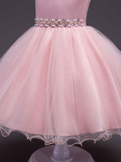 Pink Round Neck Sleeveless Tutu Dress Tulle Rhinestones Studded Girls Dinner Party Dresses-showprettydress