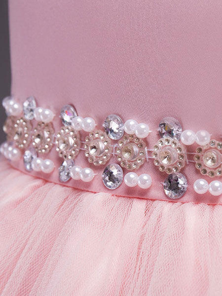 Pink Round Neck Sleeveless Tutu Dress Tulle Rhinestones Studded Girls Dinner Party Dresses-showprettydress