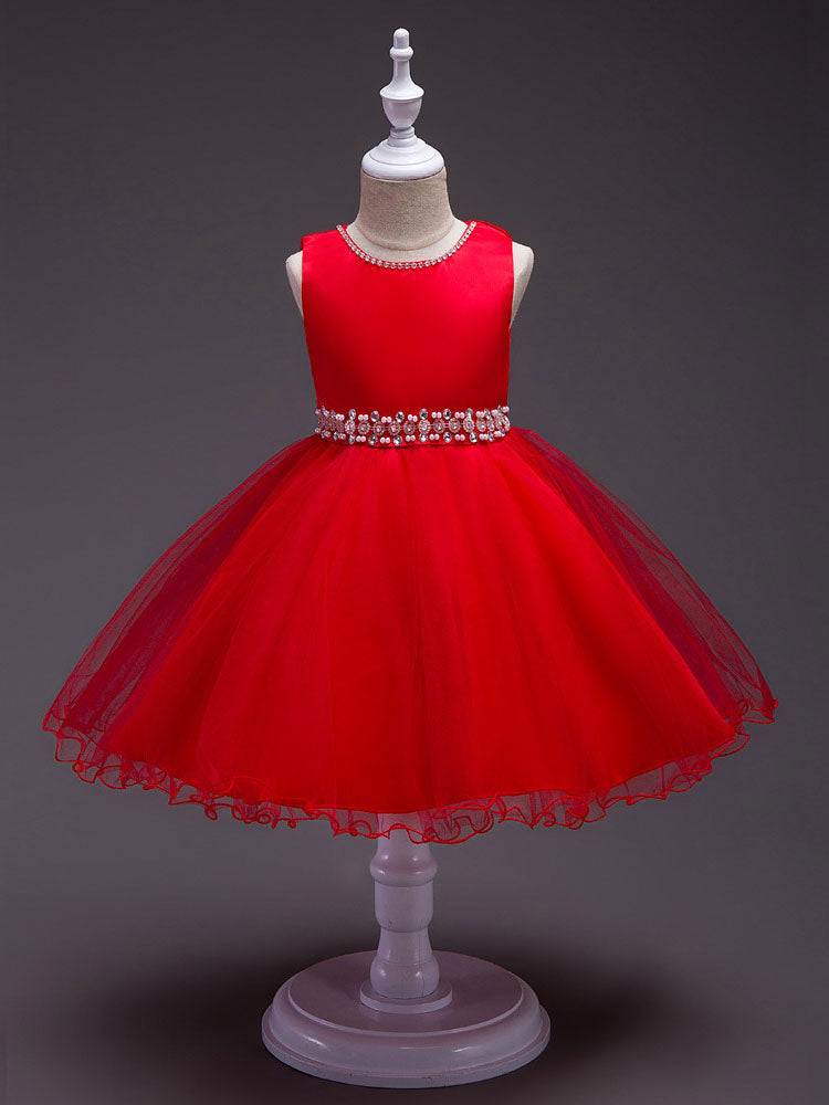 Pink Round Neck Sleeveless Tutu Dress Tulle Rhinestones Studded Girls Dinner Party Dresses-showprettydress