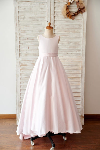 Pink Satin V Back Wedding Flower Girl Dress with Bows