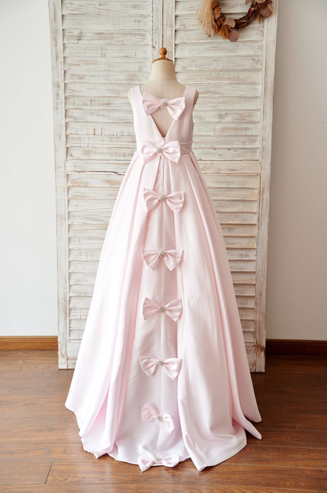 Pink Satin V Back Wedding Flower Girl Dress with Bows