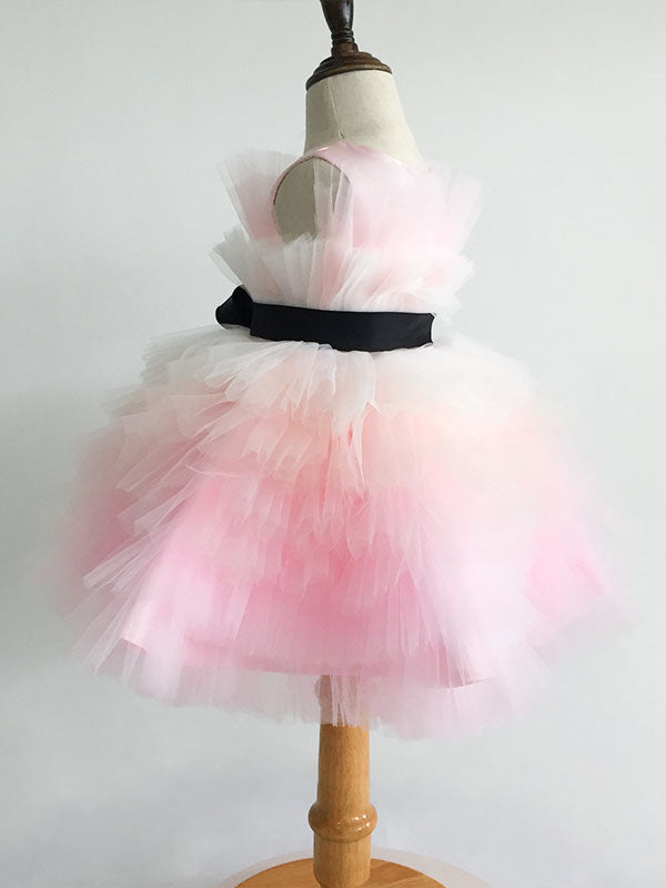 Pink Satin Fabric Sleeveless Short Princess Kids Party Dresses-showprettydress