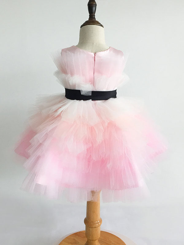 Pink Satin Fabric Sleeveless Short Princess Kids Party Dresses-showprettydress