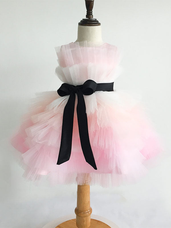 Pink Satin Fabric Sleeveless Short Princess Kids Party Dresses-showprettydress