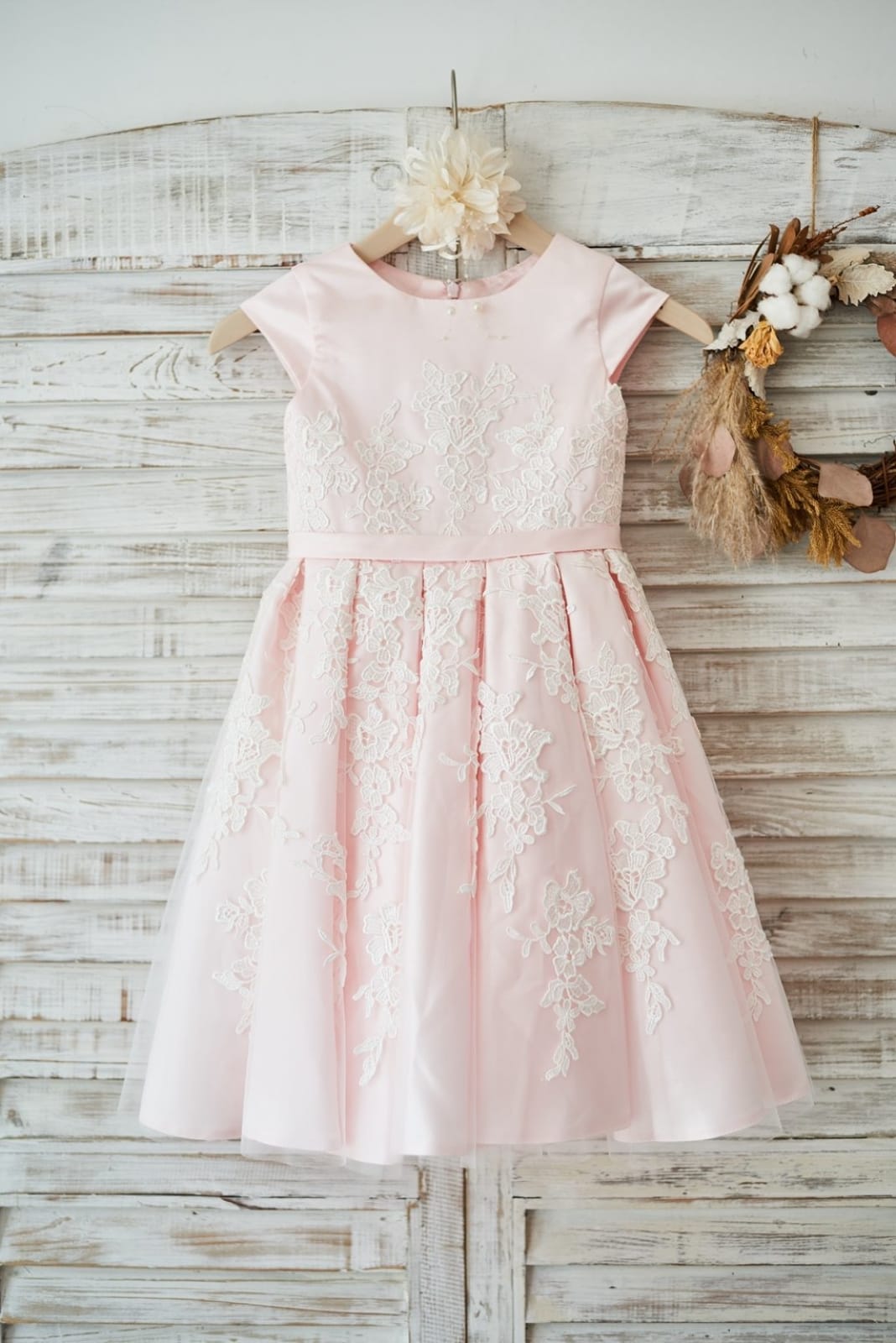 Pink Satin Ivory Tulle Lace Cap Sleeves Wedding Flower Girl 