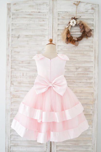 Pink Satin Tulle Cupcake Wedding Flower Girl Dress with Bow