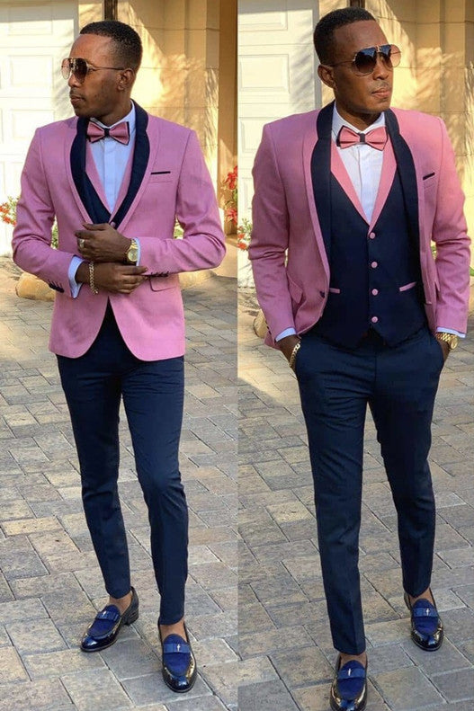 Pink Shawl Lapel Three Pieces Slim Fit Men Suits-showprettydress