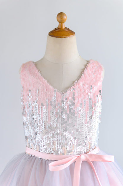 Pink Silver Gray Sequin Tulle V Neck Wedding Flower Girl 