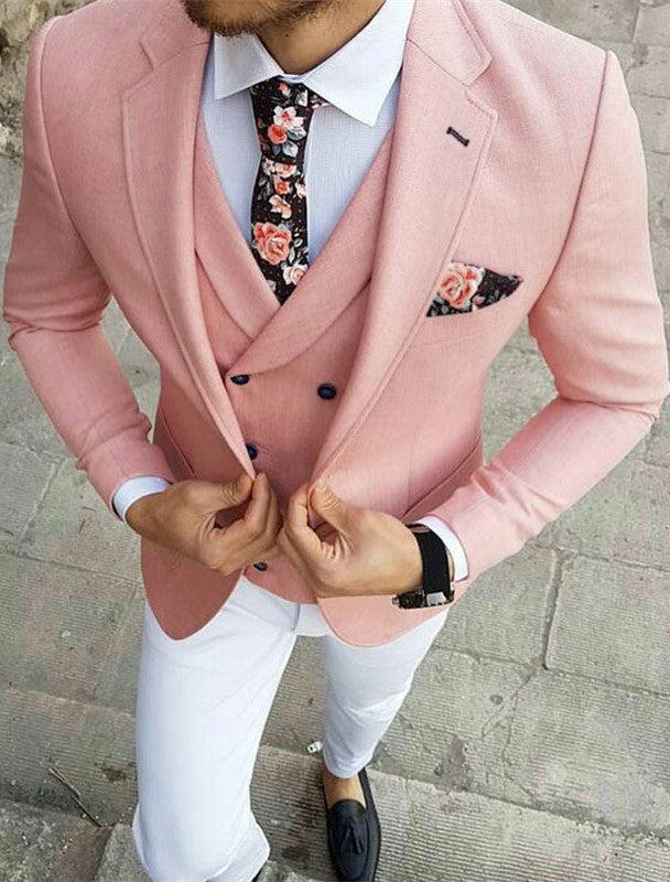 Pink Three-Pieces Slim Fit Notched Lapel Men's Prom Suits-showprettydress