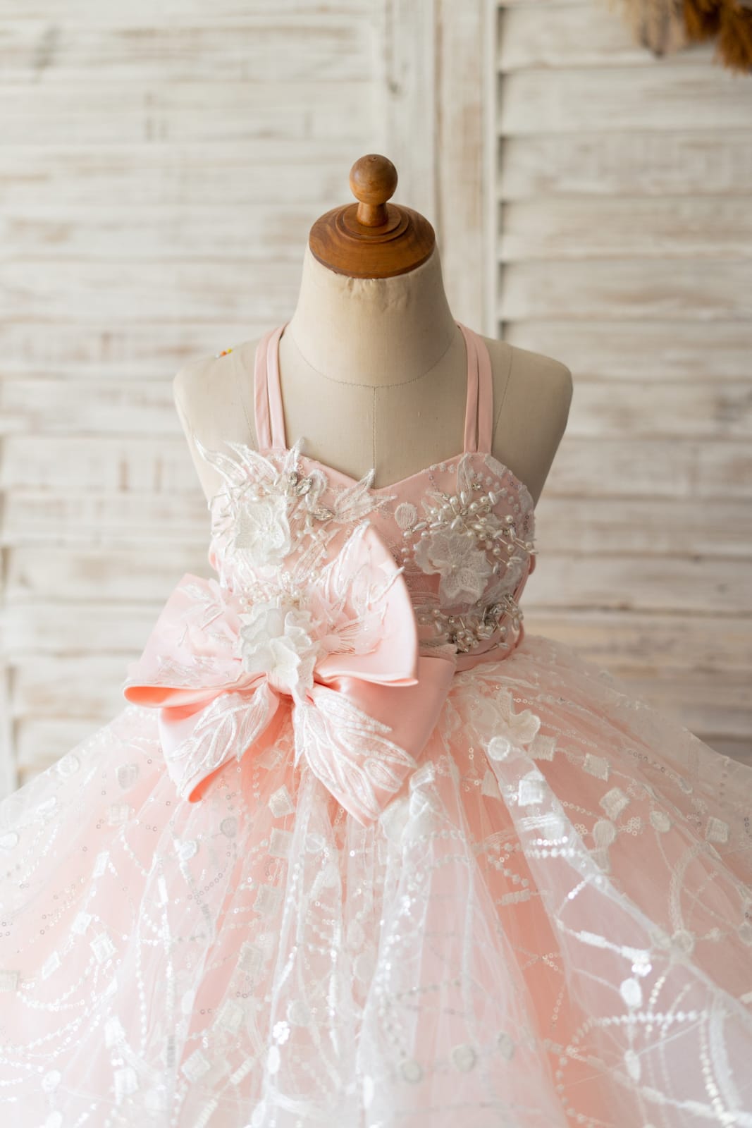 Pink Tulle Beaded Lace Wedding Flower Girl Dress Kids Party 