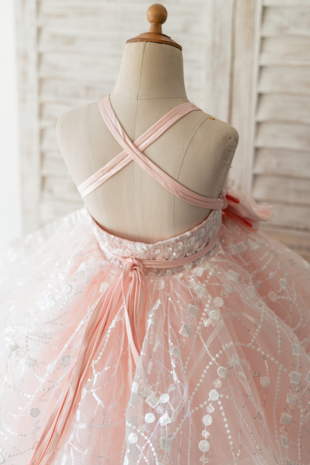 Pink Tulle Beaded Lace Wedding Flower Girl Dress Kids Party 