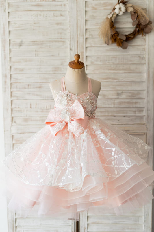 Pink Tulle Beaded Lace Wedding Flower Girl Dress Kids Party 