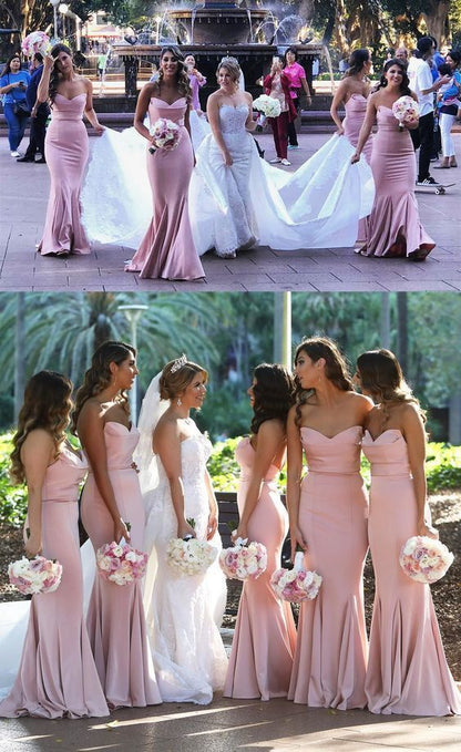 Mermaid Strapless Blush Pink Satin Bridesmaid Dresses Long Party Dresses