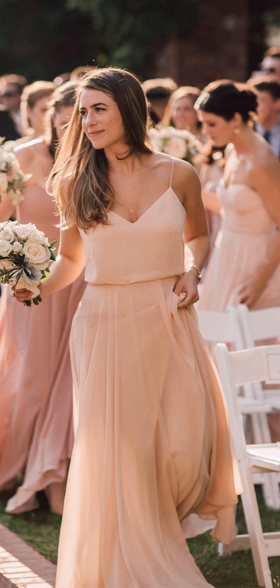 Roycebridal Long Pink Chiffon Bridesmaid Dresses V Neck Spaghetti-straps