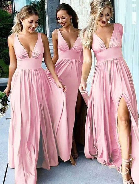 Backless Long Beach V-Neck Gold Bridesmaid Dresses Slit Side