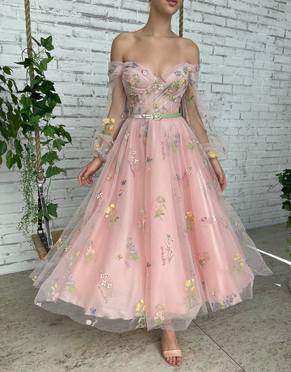 Roycebridal Dorothea |A-line Light Pink Embroidery Off the Shoulder Prom Dress