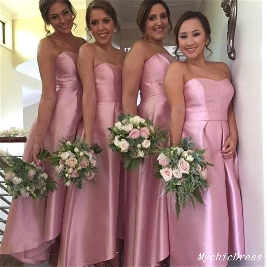 Short Hot Pink Satin Bridesmaid Dresses Sweeteart Simple Wedding Guest Dresses