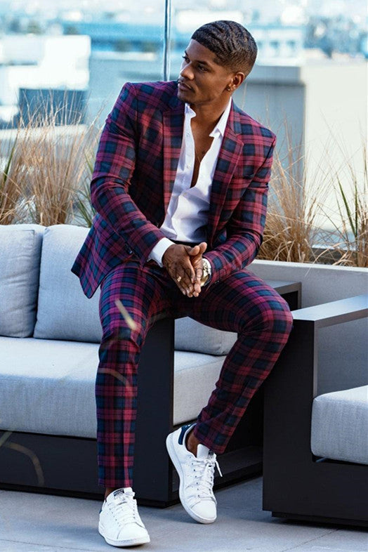 Plaid Slim Fit Bespoke Prom Men's Suit-showprettydress