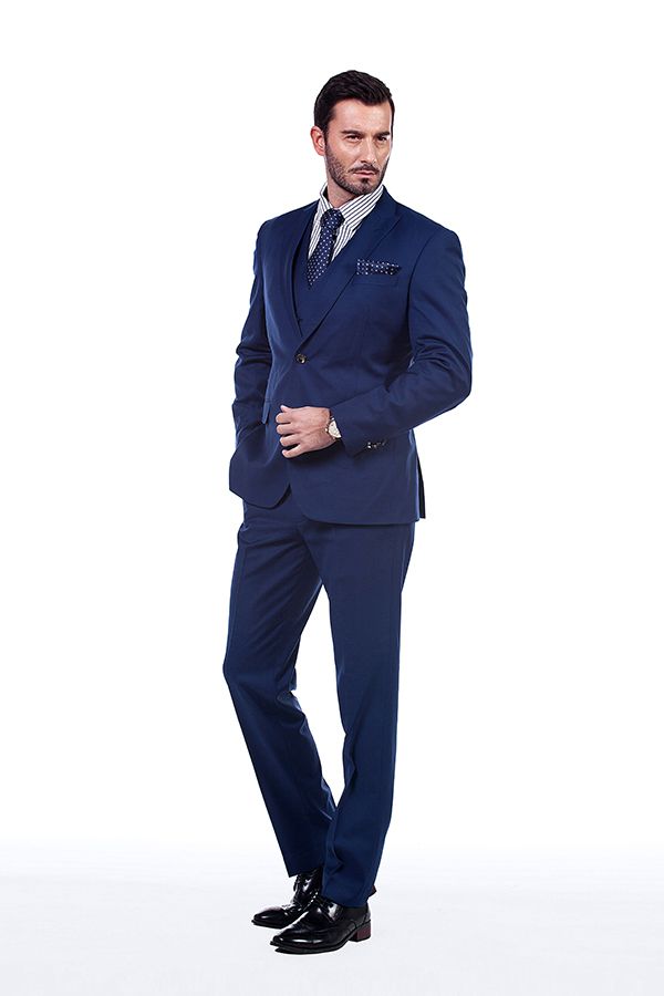 Premium Peak Lapel Navy Blue Three Piece Suits for Men with Double Breasted Vest-showprettydress