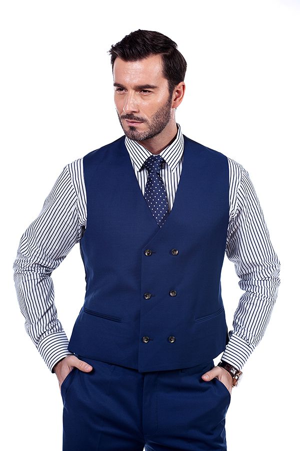 Premium Peak Lapel Navy Blue Three Piece Suits for Men with Double Breasted Vest-showprettydress