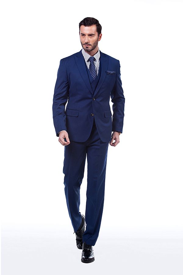 Premium Peak Lapel Navy Blue Three Piece Suits for Men with Double Breasted Vest-showprettydress