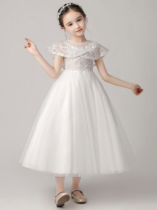 Pretty Jewel Neck Tulle Sleeveless Ankle Length Princess Embroidered Kids Party Dress-showprettydress