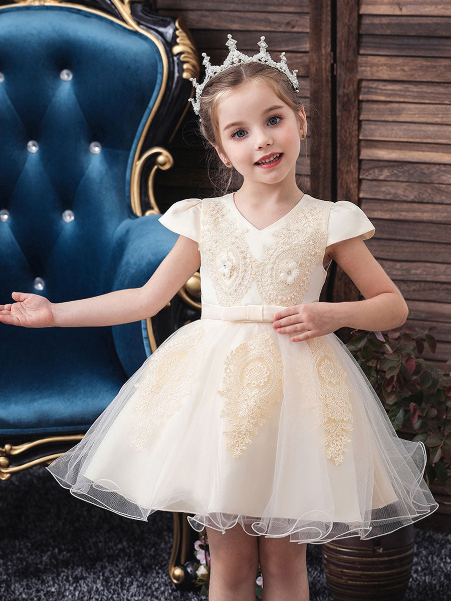 Pretty V Neck Short Sleeves Flowers Kids Party flower girl dresses-showprettydress