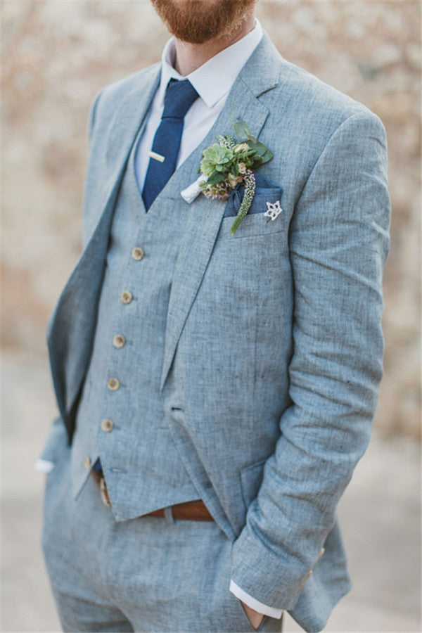 Pricey Summer Blue Linen Beach Wedding Suits Bespoke Men Casual Male Beach Groom Tuxedo-showprettydress