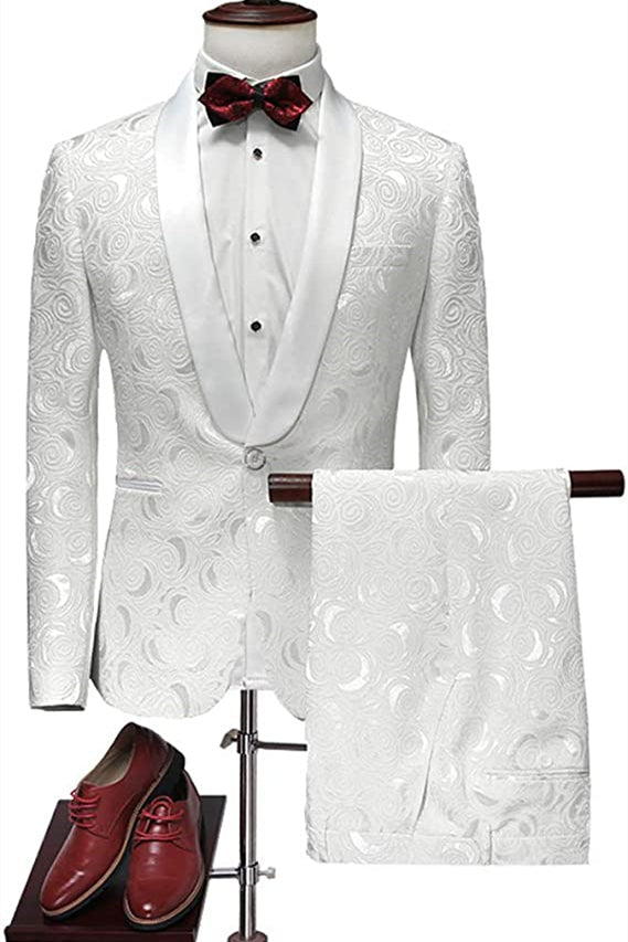 Pricey White Jacquard Suits for Wedding Tuxedos Groom Wear Shawl Lapel Groomsmen Outfit Man Blazers 3Piece-showprettydress