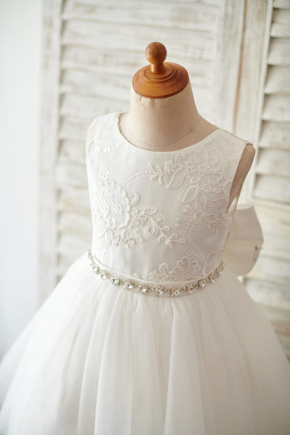 Princess V Back Ivory Lace Tulle Wedding Flower Girl Dress 