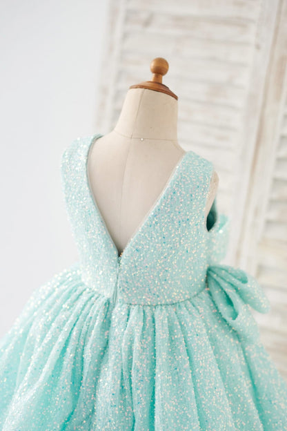 V Back Blue Sequin Wedding Flower Girl Dress Kids Party 