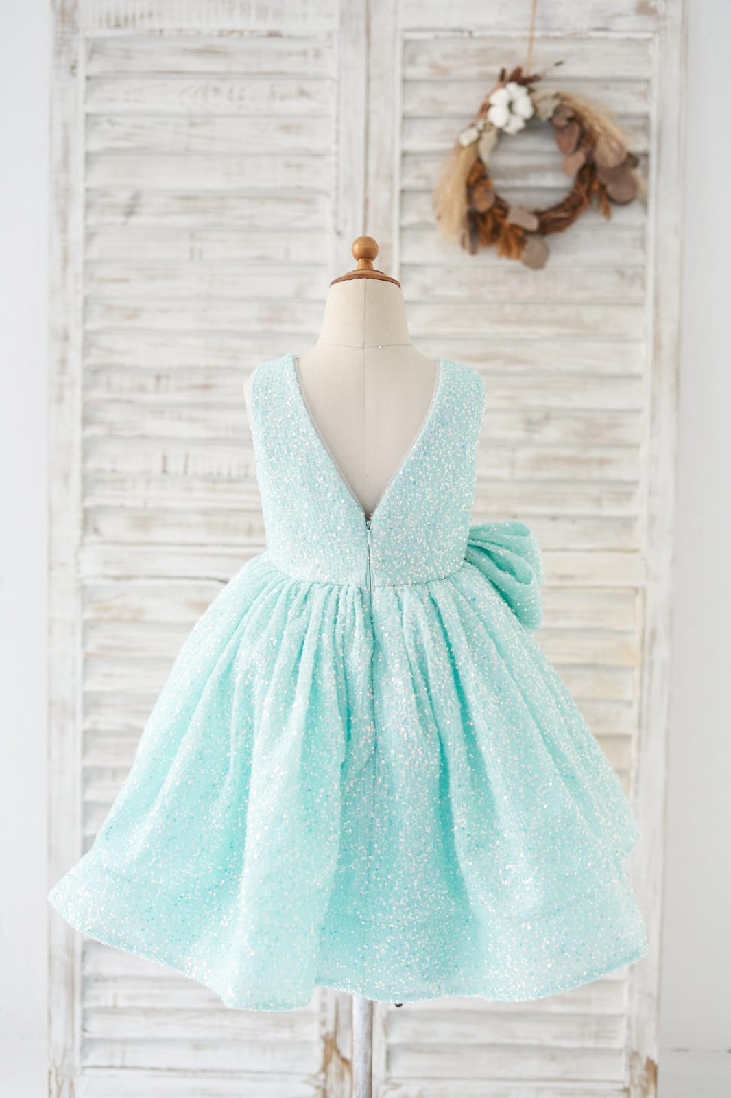 V Back Blue Sequin Wedding Flower Girl Dress Kids Party 