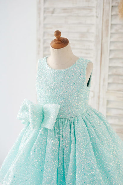 V Back Blue Sequin Wedding Flower Girl Dress Kids Party 