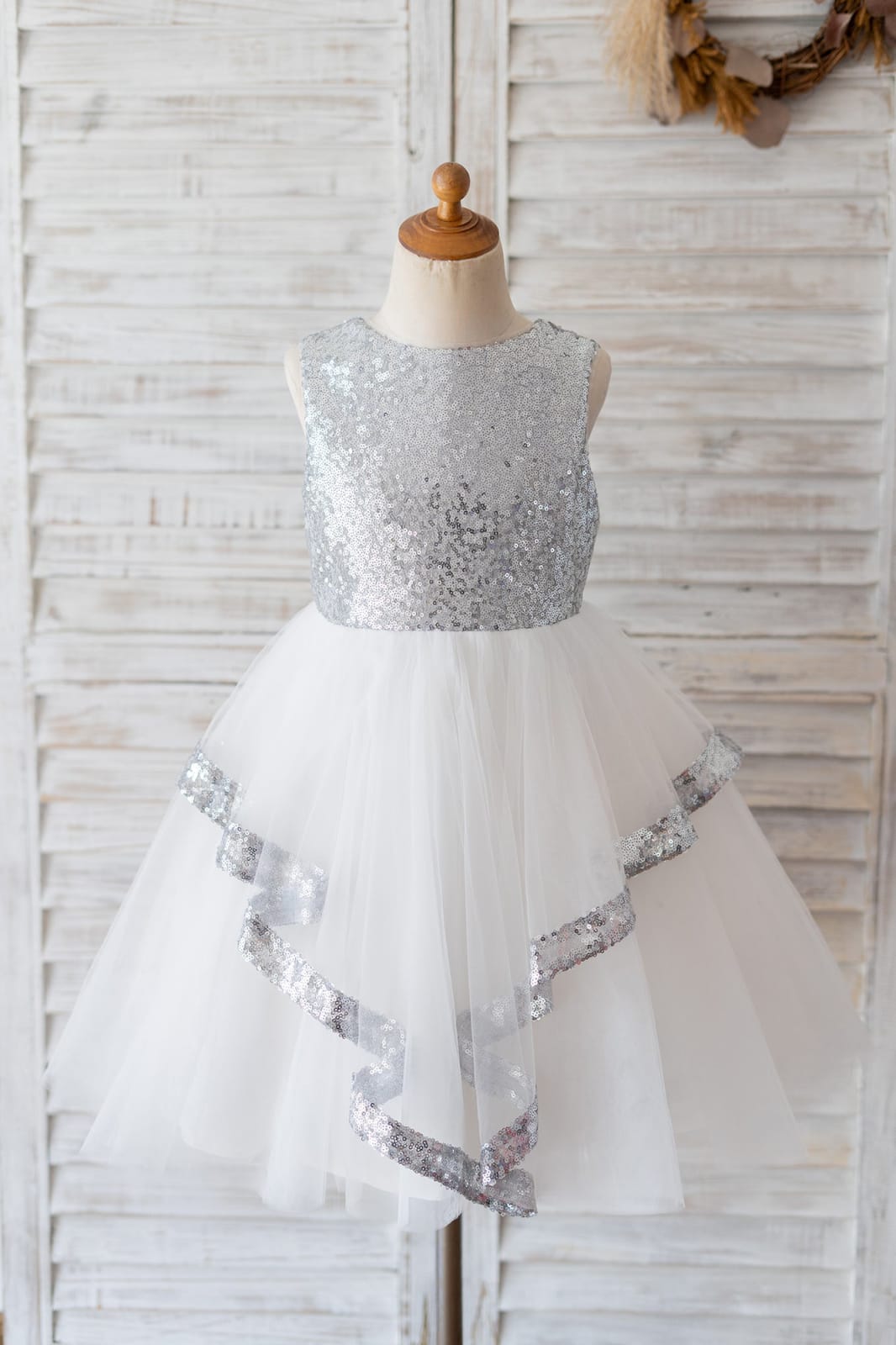 Backless Silver Sequin Tulle Wedding Flower Girl Dress Kids 