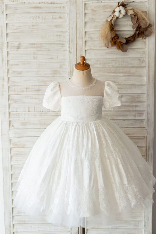 Ivory Lace Short Sleeves Wedding Flower Girl Dress