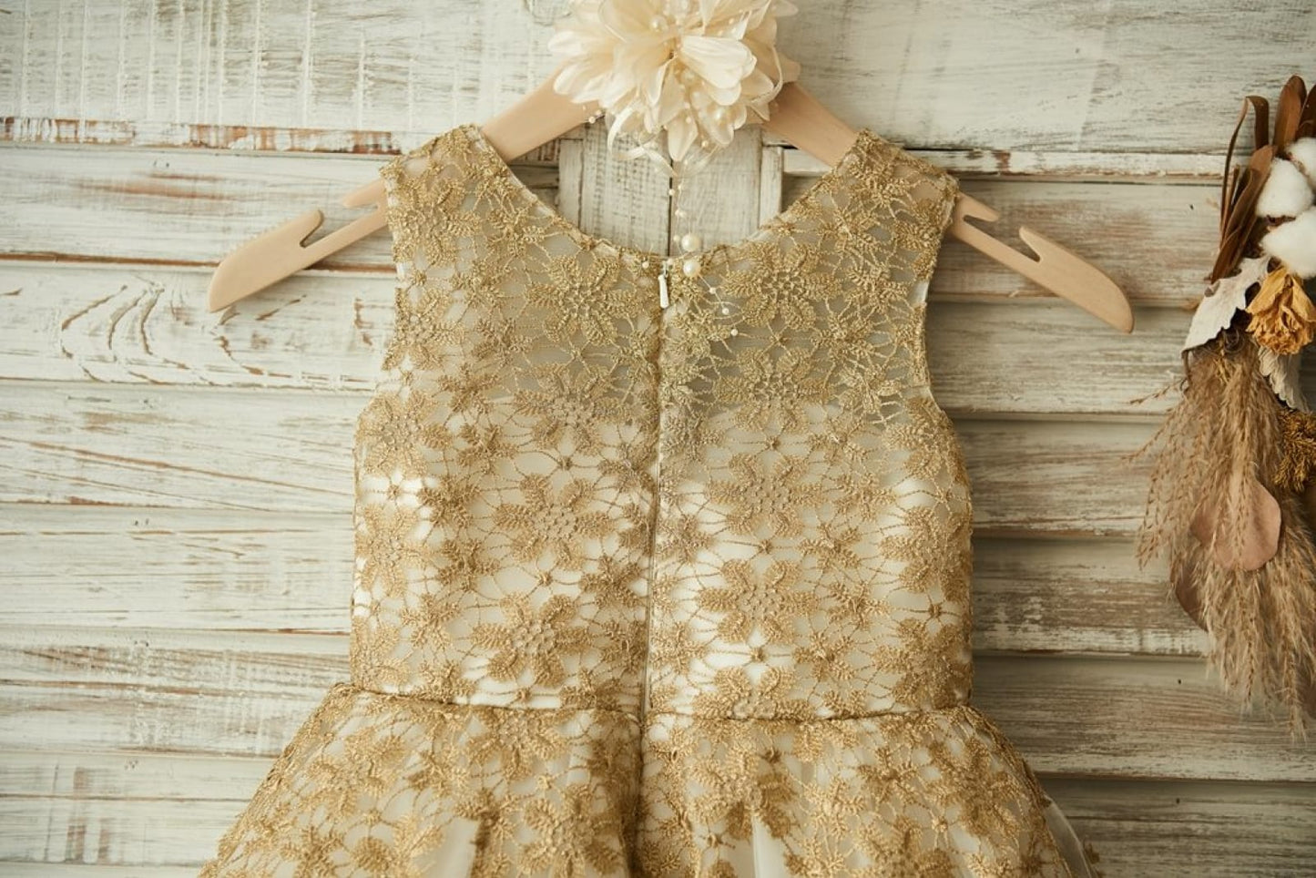 Gold Lace Ivory Tulle Wedding Flower Girl Dress