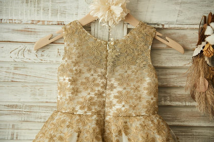 Gold Lace Ivory Tulle Wedding Flower Girl Dress