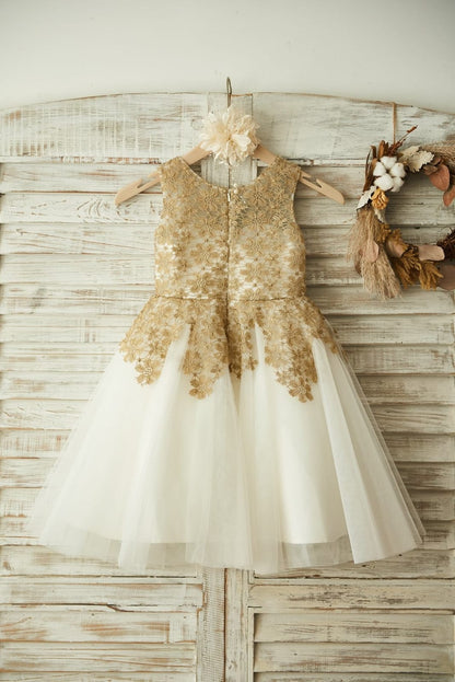 Gold Lace Ivory Tulle Wedding Flower Girl Dress