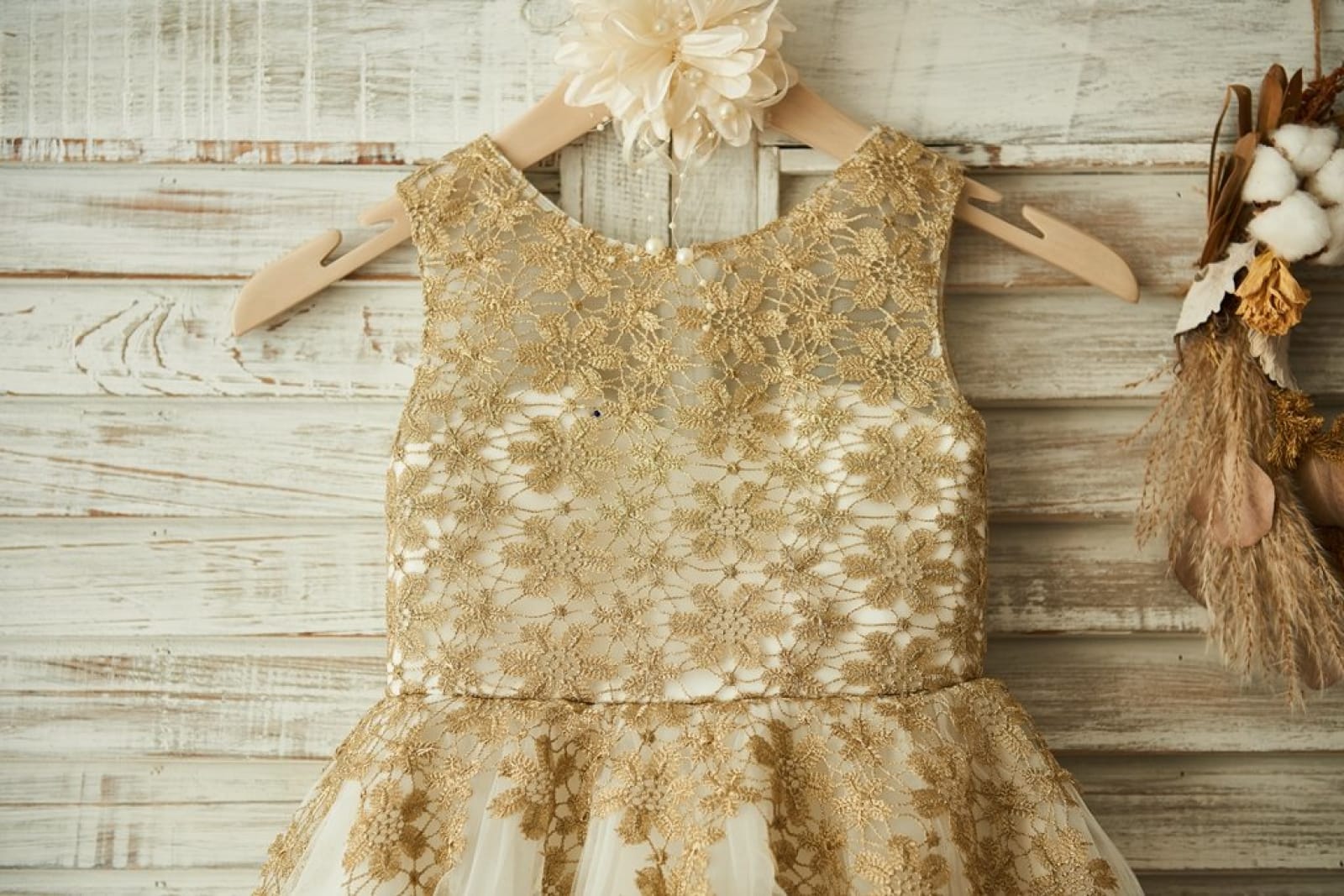 Gold Lace Ivory Tulle Wedding Flower Girl Dress